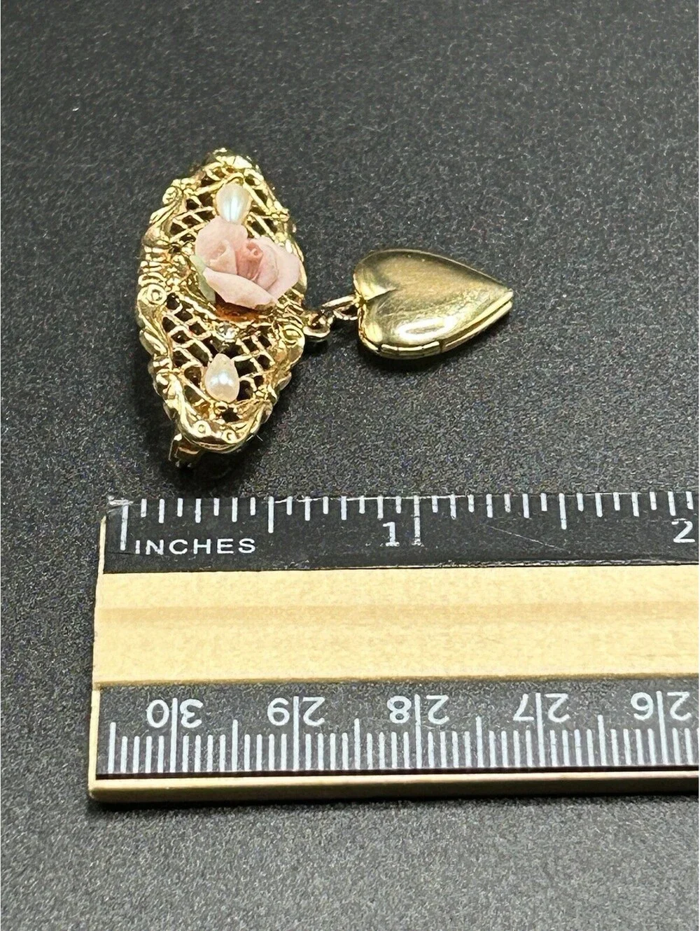 Vintage Jewelery Brand 1928 Porcelain Flower Faux Pearl Pin Brooch w/Locket  70s